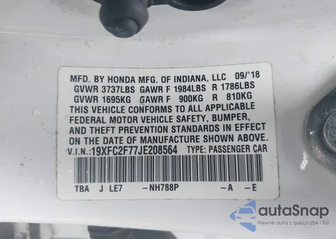 2018 Honda Civic Ex z USA, uszkodzony, nr VIN 19XFC2F77JE208564